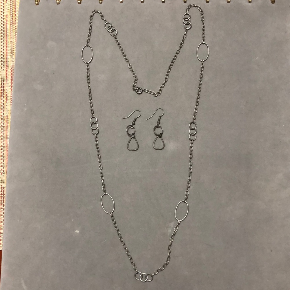 Oxidized Silver Colored Long Necklace& Earrings
